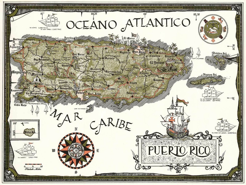 Mid-Century Pictorial Map of Puerto Rico Caribbean Wall Art Poster Print Decor