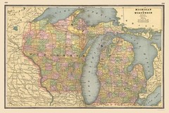 Historic State Map – Michigan Wisconsin – Johnson 1888 – Vintage Wall Art