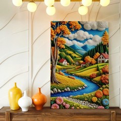 Wall Art Embroidered Landscape River Cottage Mountain Autumn Floral Home Decor