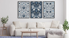 Navy Blue William Morris Style Canvas Art Set – 3 Piece Framed Decor 24″x36