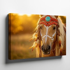 Native American Style Horse Canvas Wall Art with Tribal Face Paint and Feathers