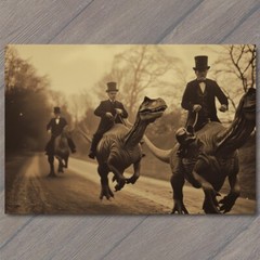 Art Print Dinosaur Riding Men Top Hat Old School Vibe Weird Strange Funny Raptor
