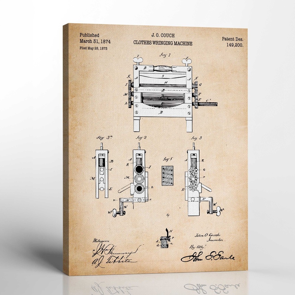 Laundry Room Wall Décor Vintage, Patent Wringing Machine Canvas Print