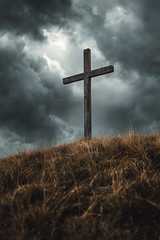 Christian Cross Dark Storm Sky Hill 4×6 Photo Print Religious Wall Art Decor