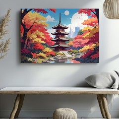 Autumn Pagoda Reflection Canvas Colorful Japanese Fall Landscape Art Wall Art