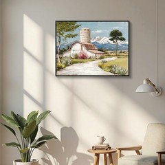 Framed Rustic Farmhouse Canvas Wall Art Beautiful Field Painting Wildflower Barn