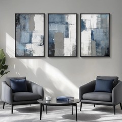 Large Framed Blue and Grey Abstract Wall Art for Living Room, 3 Piece Modern Can