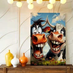 Wall Art Funny Cartoon Cows Print Laughing Farm Animal Canvas Home Decor Poster