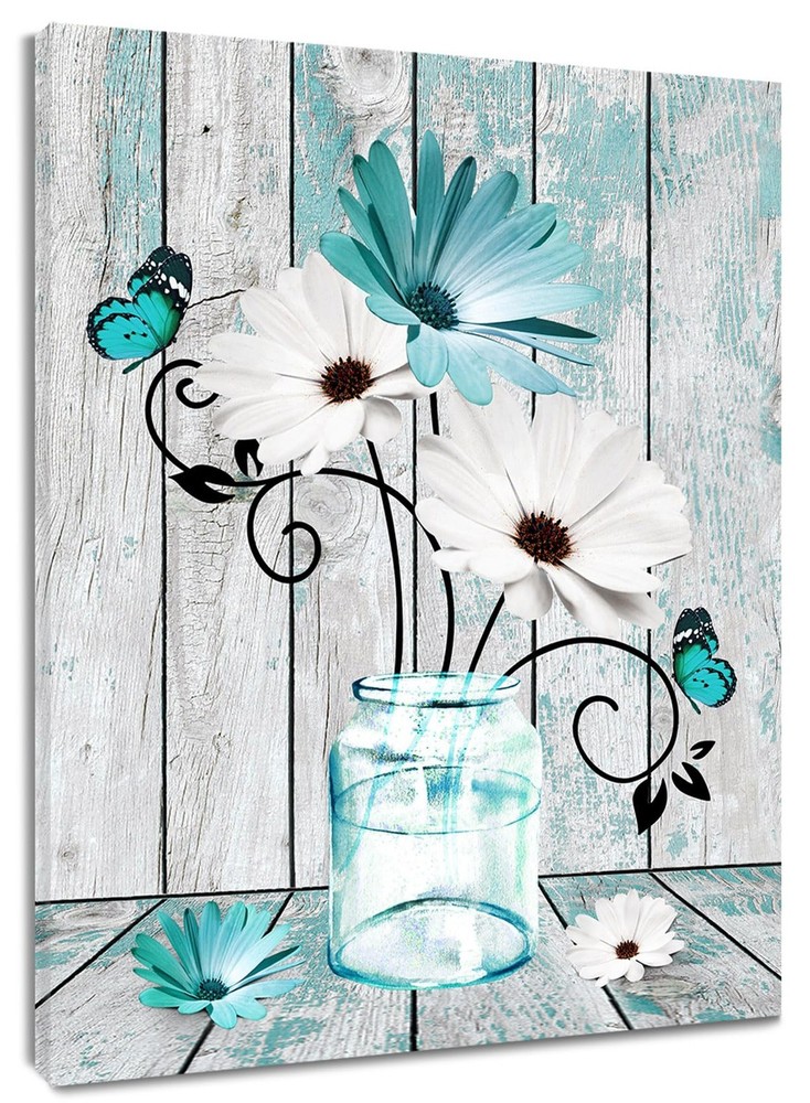 Teal Floral Wall Art for Living Room Blue and White Daisy Flower with Butterf…