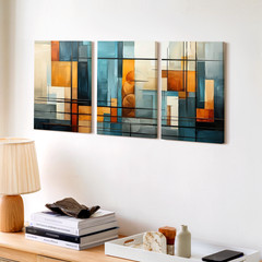 3 Pieces Abstract Geometric Blue Orange Modern Large Wall Art Canvas Set Of 3