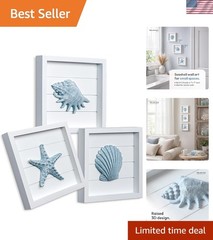 Charming Framed Set of 3 Coastal 3D Wall Art – Blue Seashells & Starfish, 7″x7″