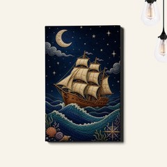 Embroidered Sailing Ship Under Moon and Stars Canvas Art ocean floral textile