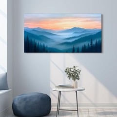 selatala Sunset Misty Forest Large Wall Art for Living Room 24″X48″, Blue Nat…