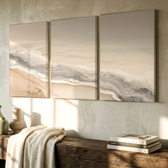 3 Pieces Abstract Coastal Waves Beige Large Wall Art Set for Living Set Of 3