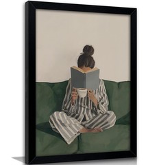 Framed Trendy Reading Book Wall Art Quiet Moment on The Sofa Art Prints Green…