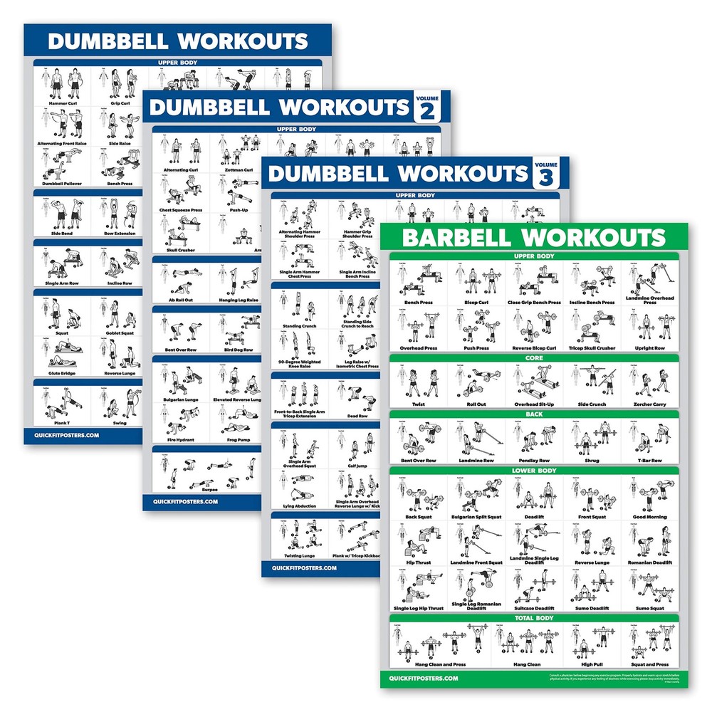 Palace Learning 4 Pack – Dumbbell Workout Posters Volume 18″ x 24″, LAMINATED