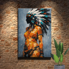 Native Inspired Woman Portrait Wall Art Feather Headdress Blue Gray
