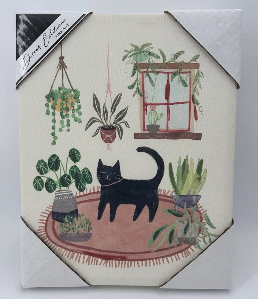 Canvas Art NEW Urban Jungle Artist Mary Urban Black Kitty Cat Botanical14”x 11”