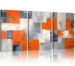 Orange Gray White Abstract Wall Art Modern Textured Geometric Canvas Painting…