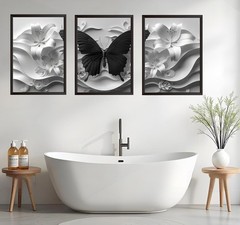 Black Butterfly Wall Art Set of 3 White Flowers Canvas Modern Floral Decor