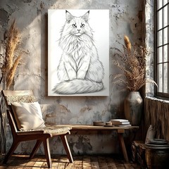 Wall Art Long Haired Cat Sketch Print Black White Feline Line Drawing Decor