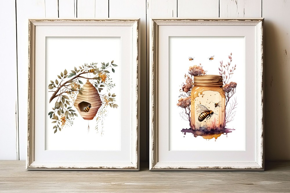 Bee and Honey Set of 2 Art Prints, Beehive Jar of Honey Wall Art Decor Prints