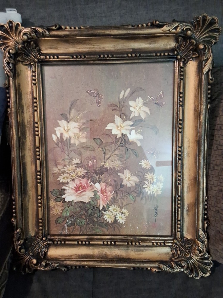 Vintage 1970s Homco Home Interior Floral&Butterfly Picture 21X17 Plastic&Glass