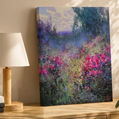 Colorful Floral Garden Canvas Wall Art Abstract Nature Painting Pink Purple Blue