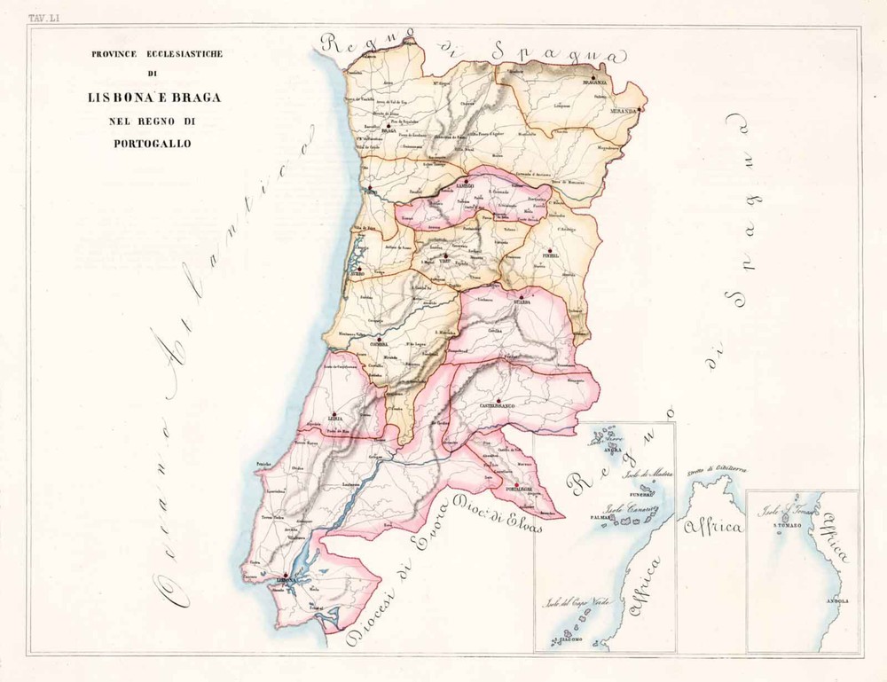 1859 Map of Lisbon and Braga in Portugal Religious Wall Art Poster Print Decor
