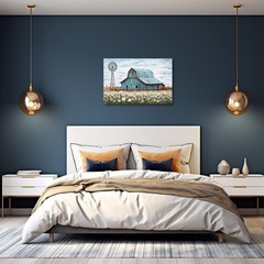 Turquoise Barn Canvas Wall Art – Rustic Teal Old Barn and Windmill Flowers Pa…