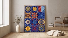 Mediterranean Tile Poster Decor Blue Yellow Floral Mosaic Wall Art Kitchen Print