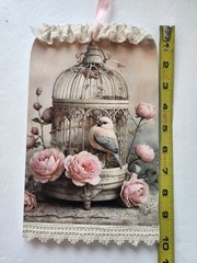 Bird Print Wood Wall Cottage Decor, Lace and Wood Bird Wall Hanging