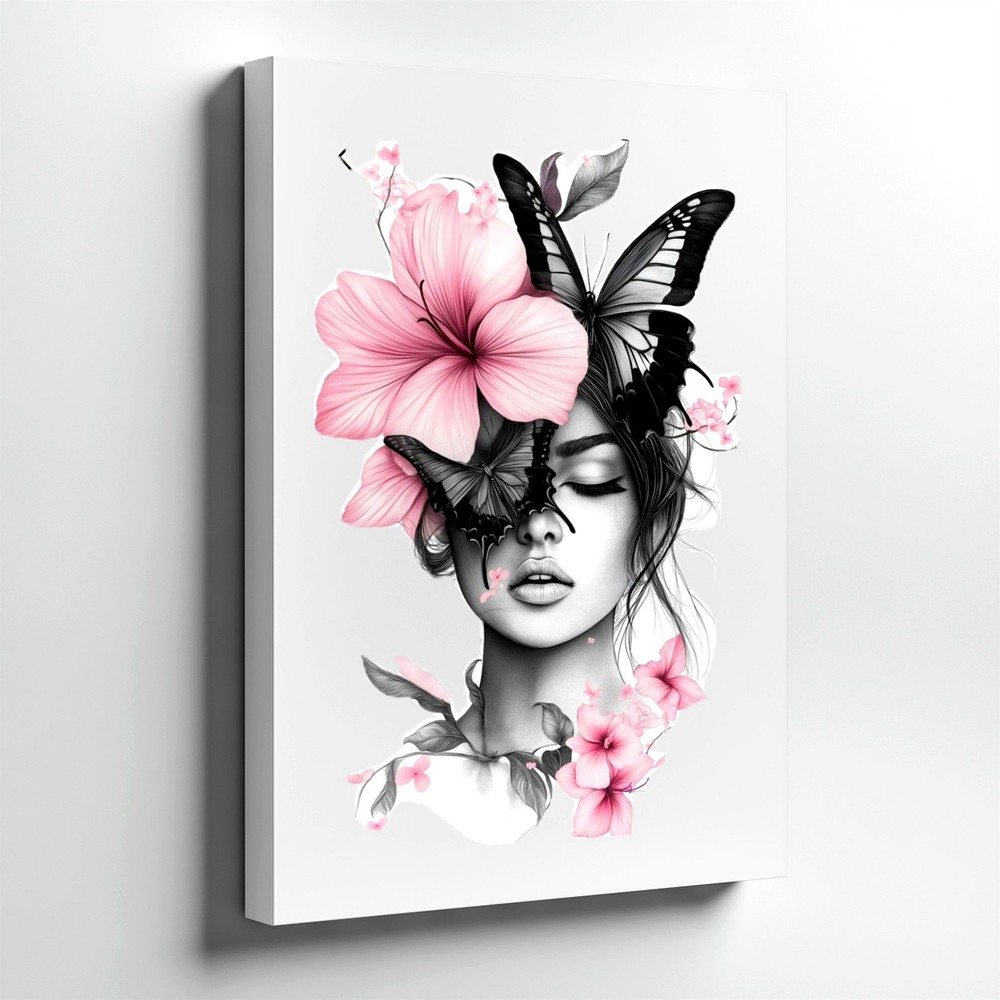 Wall Art Woman Face Portrait with Pink Flowers Black Butterflies Floral Print