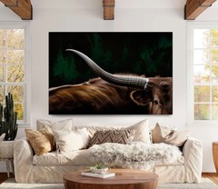 Texas Longhorn Cow Canvas Wall, Framed Modern Animal Print, Farmhouse Animal Art