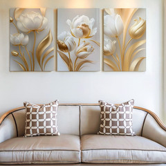 3 Pieces Elegant Gold White Tulips Large Wall Art Set for Bedroom Set Of 3