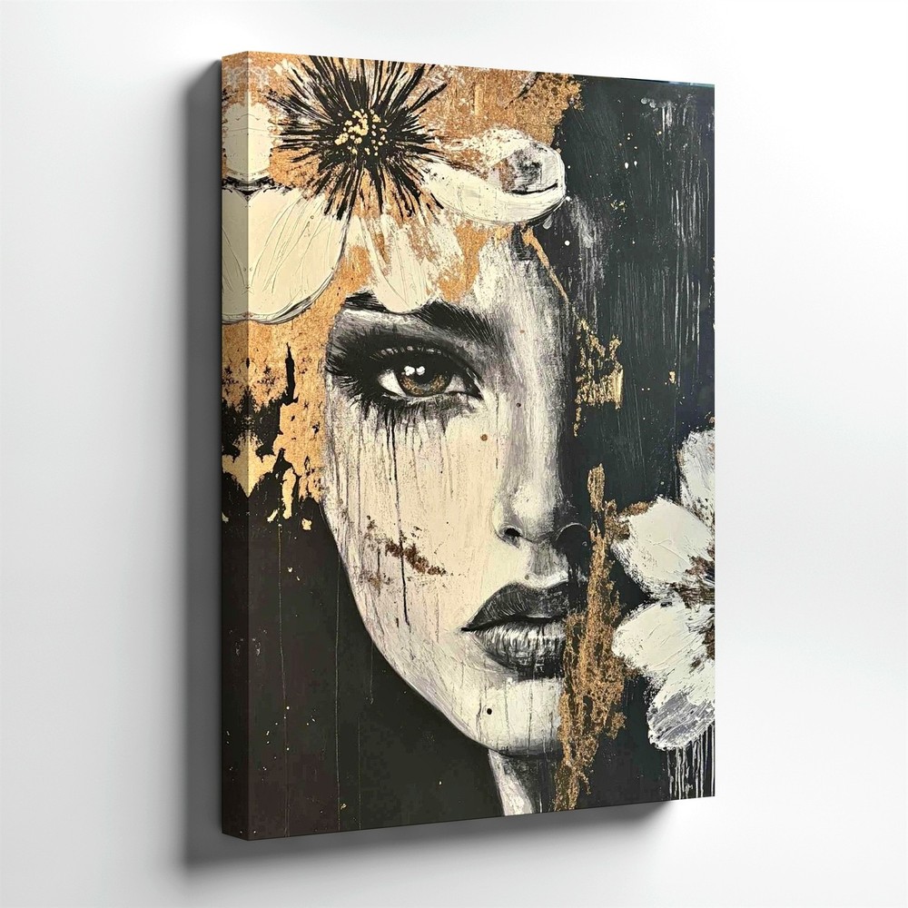 Wall Art Abstract Woman Face Canvas Print Black White Gold Floral Portrait Home