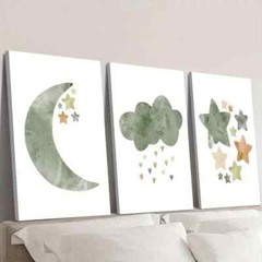 3pcs Light Green Illustration Stars and Moon Wall Art Canvas Framed 50x70cm