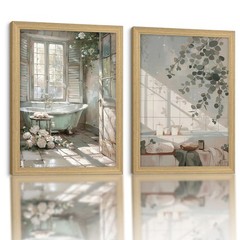 2Pc Framed Bathroom Wall Art Elegant Green Plants and Bathtub Poster Decorati…