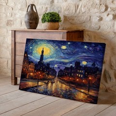 Cityscape Night Sky Canvas Wall Art Urban Street Lights Reflection Decor Print