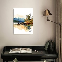 Minimal Mountain Lake Reflection Framed Canvas, Soft Neutral Nordic Landscape