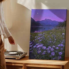Purple Wildflowers Lake Mountain Moon Canvas Wall Art Nature Landscape Home