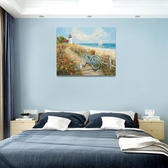 Vibrant Coastal Wall Decor: Framed Beach Bicycle and Lighthouse Canvas, 20”x16”