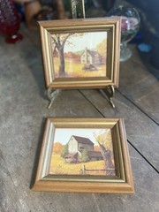 SET OF 2 VINTAGE FARMHOUSE MINATURE PRINTS WITH WOOD FRAME COTTAGE BOHO WALL ART