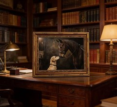 Gold Framed Vintage Horse And Dog Canvas Wall Art Rustic Farmhouse Retro Anim…