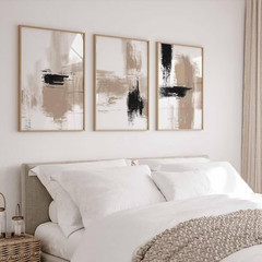 Beige Abstract Wall Art Painting Set of 3 Neutral Canvas Wall Art Prints Black B