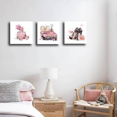 Pink Wall Art Fashion Woman Wall Decor Pictures Perfume High Heels handbag Ar…