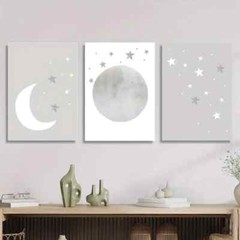 3pcs gray moon and stars, neutral art, Metal Print Ready to Hang Art