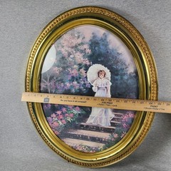 Vintage Victorian Framed Print Amelia’s Garden Floral Lady 29″ x 24″ Homco Brass