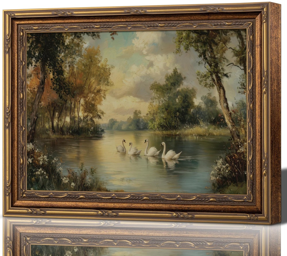 Framed Vintage Classical Swan Canvas Wall Art White Swan Painting Picture Wal…