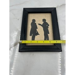 Vintage Victorian Silhouette Art Set of 2 Black Wood Frames Burlap Background